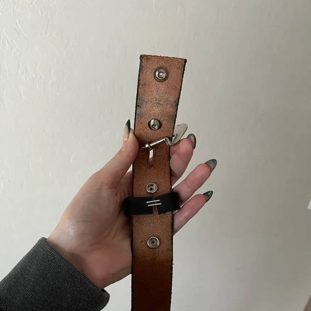 Western Embossed Tooled Leather Metal Detail Handmade Belt Black and Silver